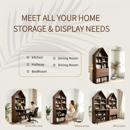 Folding A-Frame Bookshelf Narrow Bookcase with Hideaway Craft Desk Walnut | Convertible Hideaway Desk to Bookshelf for Small Spaces, Multifunctional Craft Table & Vanity - color: Natural Walnut
