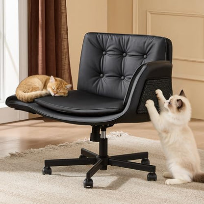 amseatec Criss Cross Office Chair, Swivel Makeup Vanity Chair with Wheels | Wide PU seat for cross-legged, fidget-friendly sitting; 5-level armrests create pet space; wipe-clean; cat scratch pad option - color: Black Linen