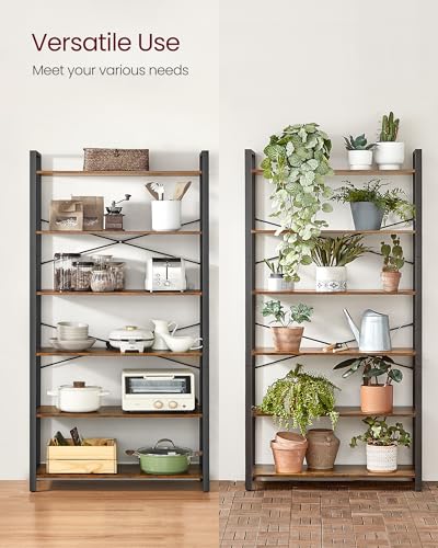 VASAGLE 6-Tier Bookshelf with Steel Frame, 31.5 x 11.8 x 72.6 Inches | Book Shelf, Modern Basic, Living Room, Home Office, Study, Rustic Brown and Matte Black, BARNET Collection ULLS082B01 - color: Rustic Brown + Ink Black, size: 6 Tiers (11.8"D x 31.5"W)