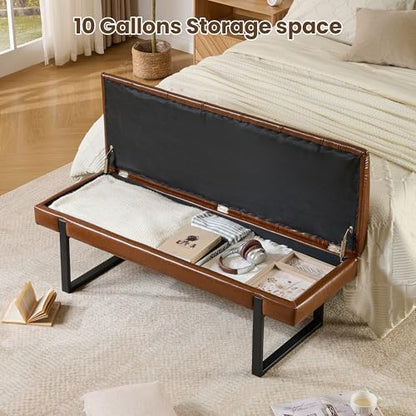 Breakfast Nook Bench with Hidden Storage, Premium Faux Leather Cushion & Metal Base, 53 Inch Extra Seating for Dining Room/Living Room, Entryway - color: Brown