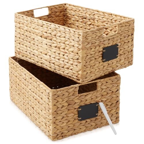 Casafield Set of 2 Water Hyacinth Pantry Baskets, 12-1/2" x 17" x 8", with Chalkboard Labels and Chalk Marker - Natural, Woven Storage Bin Organizers for Kitchen Shelves - color: Natural - Hyacinth, size: 12.5" x 17" x 8"