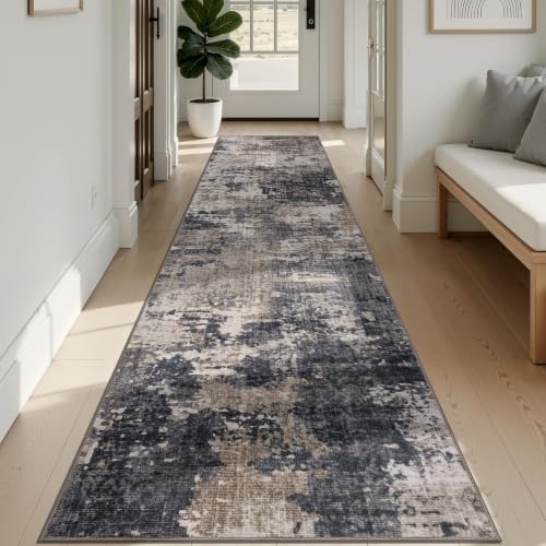 Sasttie 2x12 Runner Rug, Modern Abstract Hallway Rug, Black & Beige | Ultra-Soft Faux Wool, Machine Washable, Low Pile, Non-Slip, Thin, for Hallway, Entrance, Kitchen, Entryway & Laundry Room - color: Black & Beige, size: 2' x 12' (Rectangular)