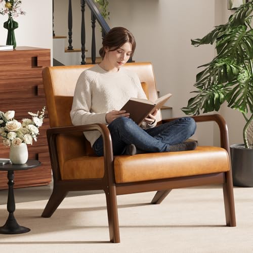 Mid-Century Modern Chair,Upholstered Accent Chair Reading Arm Chair with Cushion & Lumbar Pillow & Solid Wood Frame for Lounge, Living Room, Bedroom, Office, Brown-PU Leather, 2PCS - color: New Arrival - Brown, Pu Leather, size: Set of 2