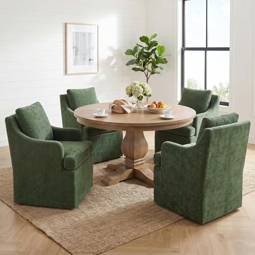 VKNOW Upholstered Dining Chairs Set of 4, Dining Room Chairs with Casters | Modern Rolling Dining Chairs with Armrest, Soft Chenille Fabric, Washable Cover, Easy Assembly, Living Room, Bedroom, Green - color: Green, size: 4