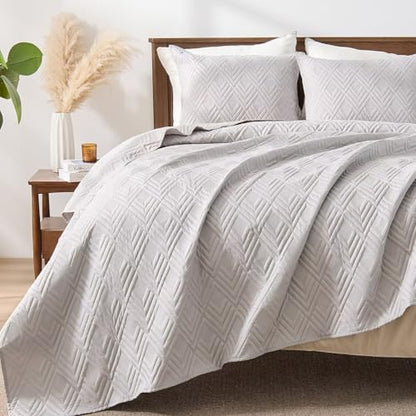 EMME Quilts Queen Size Bedding Sets, Light Grey Bedspread Soft Lightweight Pre-Washed Quilt, 3 Piece Cozy Reversible Microfiber Ultrasonic Coverlet with Pillow Sham (Diamond Pattern,90"x90") - color: 07-light Grey (Diamond), size: Full/Queen(90" x 90")