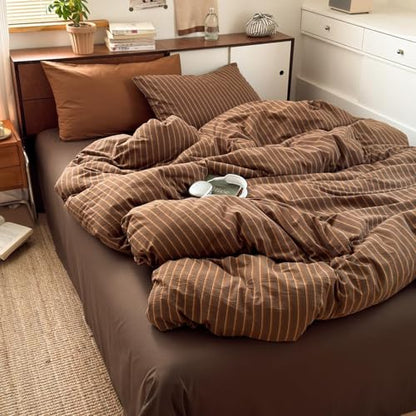 Striped Duvet Cover Full Size Brown Stripes Geometric Bedding Set 3 Pieces Retro Vertical Stripe Soft Lightweight Microfiber Comforter Cover Set with Zipper Closure and 2 Pillowcases - color: Brown, size: Full (1 Duvet Cover + 2 Pillowcases)