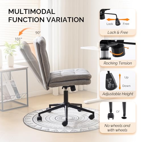 VINGLI Mid Back Armless Office Desk Chair with Wheels/no Wheels,360°Rocking Swivel Vanity Chair with Thickened Cushion,Adjustable Height Rolling for Reading Room, Make up, Linen Dark Grey - color: Dark Grey