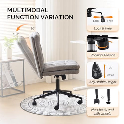 VINGLI Mid Back Armless Office Desk Chair with Wheels/no Wheels,360°Rocking Swivel Vanity Chair with Thickened Cushion,Adjustable Height Rolling for Reading Room, Make up, Linen Dark Grey - color: Dark Grey