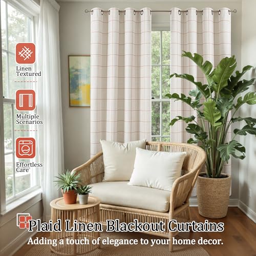 Linen Blackout Curtains for Living Room - Plaid Patterned Curtains 72 Inch Long, Boho Black Out Thermal Insulated Drapes for Bedroom Grommet Style 52x72 Inch 2 Panels, Terracotta - color: Terracotta, size: 52"W x 72"L (Pack of 2)