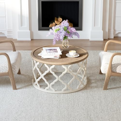 karlott Farmhouse Coffee Table, French Country Tray Round Coffee Table | Solid Wood Veneer Tabletop, Curved Motif Frame Base, Coastal Boho Center Table, Small Rustic Coffee Tables for Living Room - size: Tray Coffee Table 30 Inches