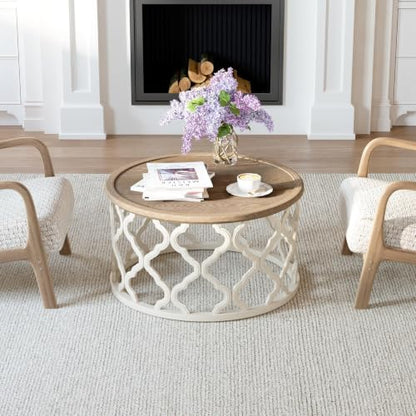karlott Farmhouse Coffee Table, French Country Tray Round Coffee Table | Solid Wood Veneer Tabletop, Curved Motif Frame Base, Coastal Boho Center Table, Small Rustic Coffee Tables for Living Room - size: Tray Coffee Table 30 Inches