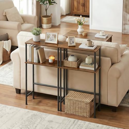 HOOBRO Narrow Console Table Set of 2 for Small Space, 15.7" Entryway Table with Storage, Sofa Table with 2 Shelves, Skinny Console Tables for Entryway, Hallway, Rustic Brown and Black BF40XGP201 - color: Rustic Brown + Black