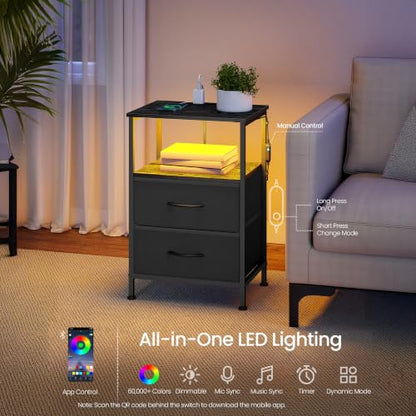 SONGMICS BELLAH Collection - Nightstand with Charging Station and App-Controlled Adjustable LED Lights, Bed Side Table, 2 Drawers and 1 Open Shelf, Modern, Ink Black and Ebony Black ULGS302BH01S - color: Ink Black + Ebony Black, size: 2 Drawers