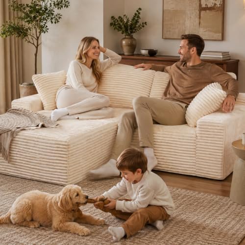75" Cloud Modular Boneless Couch, Left Facing L-Shaped Chaise Sectional Sofa - No Assembly Required, Plush Corduroy & Memory Foam, for Living Room Bedroom Apartment (Beige) | Left Facing Chaise,No Assembly,Corduroy Fabric, High-Density Foam, Dorm Room, Ap