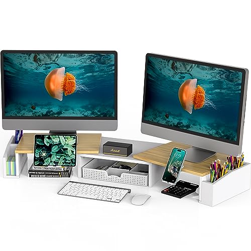 Simple Houseware Desk Dual Monitor Stand Riser with Drawer, Oak | Customizable Organizer Tray, Built-In Phone & Tablet Slot and Side Storage - color: Oak