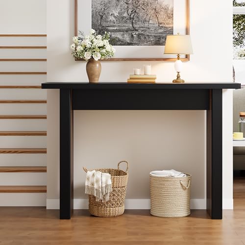 Mid Century Narrow Entryway Console Table, 43.3" Fluted Wood Couch Table Behind Sofa Long and Skinny for Living Room Hallway Entrance Foyer, Black - color: Black