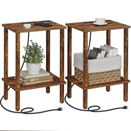 TUTOTAK End Table with Charging Station, Side Table Set of 2, Nightstand | 2-Tier Storage Shelf, Bedside Table with USB Ports, Sofa Table for Small Space, Livingroom, Bedroom Brown TB01BB041C - color: Pure Brown