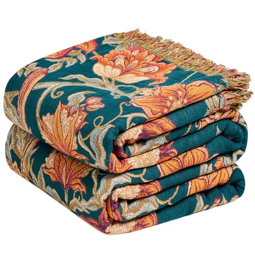 Boho Throw Blanket 50"x60" - 100% Cotton Soft Summer Blankets Women | Lightweight Vintage Floral Framhouse Bedding, Blanket for Bed Sofa, All Season Reversible Bohemian Bedroom, Breathable Muslin - color: 25-floral and Bird Melody, size: (50"x60")Throw