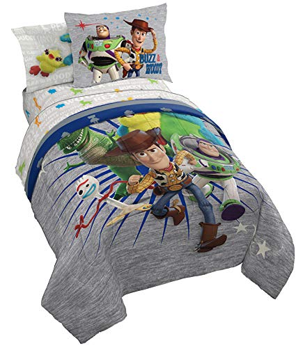 Disney Pixar Toy Story Twin Comforter Set 5 Piece Kids Bedding, Gray | Woody Buzz Jessie, Comforter Sheets Sham Pillowcase, Official Brand, Soft Microfiber, Machine Washable, Kids Gift