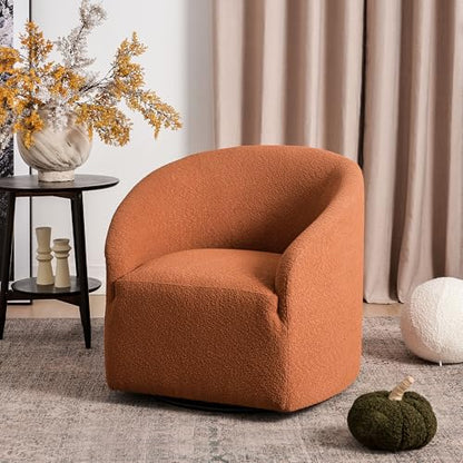 KINWELL 32" Wide Swivel Boucle Accent Chair Armchair, No Assembly Mid-Century Modern Round Upholstered Barrel Chair for Living Room, Bedroom, Office (Caramel) - color: Caramel, style: Set of 1