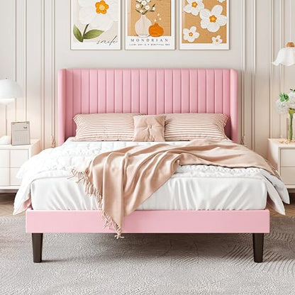 SHA CERLIN Full Size Velvet Bed Frame, Tufted Wingback Headboard, Pink | 47'' Modern Vertical Channel Headboard, Upholstered Platform Bed, Wood Slats, No Box Spring Needed, Easy Assembly, Noise Free - color: Pink, size: Full