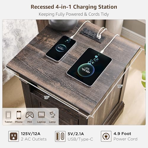 Farmhouse Nightstand Set of 2, 18" Sofa Side Table with Charging Station | Wood End Table w/Roman Column, Bedside Cabinet for Bedroom, Living Room, Dark Rustic Oak - color: Dark Rustic Oak, size: 18"D x 18"W x 24"H