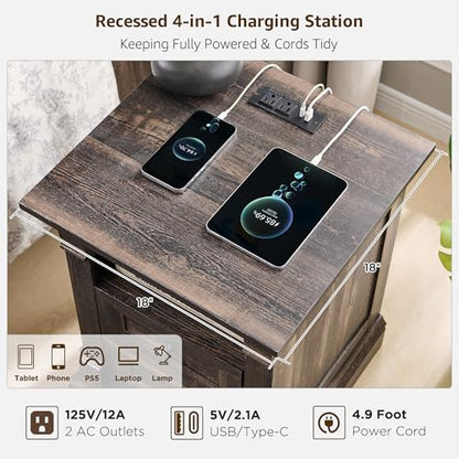 Farmhouse Nightstand Set of 2, 18" Sofa Side Table with Charging Station | Wood End Table w/Roman Column, Bedside Cabinet for Bedroom, Living Room, Dark Rustic Oak - color: Dark Rustic Oak, size: 18"D x 18"W x 24"H