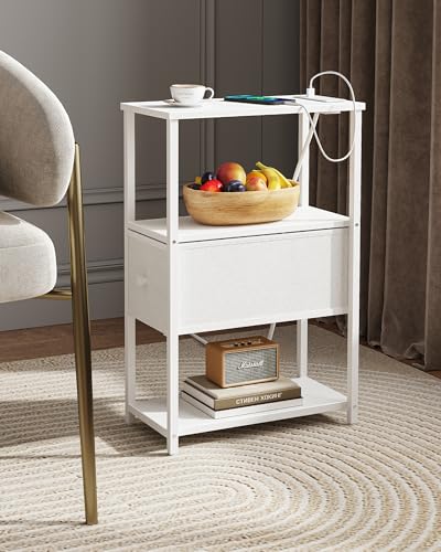 TUTOTAK Small Narrow End Table with Charging Station, Set of 2 | Side Table with Outlets, Nightstand with Cloth Drawer, Couch Table for Living Room, Bedroom, Bedside, White TB01BW058 - color: White, style: 1 Drawer & Plug
