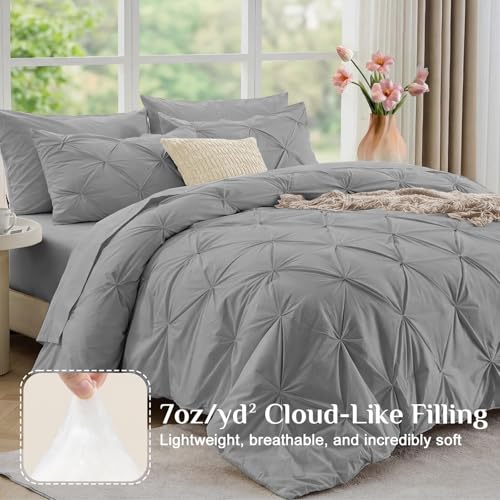 JOLLYVOGUE Twin Comforter Set 5 Pieces - Bed in a Bag Twin for All Season, Pintuck Bedding Comforter Sets with Comforter, Flat Sheet, Fitted Sheet and Pillowcases & Shams, Light Grey - color: Light Grey, size: Twin