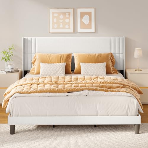 Gizoon King Bed Frame with Wingback Headboard, Upholstered Platform Bed | Bed Frame with Padded Headboard,Wooden Slats, Noise-Free, No Box Spring Needed, Easy Assembly,White - color: White, size: King