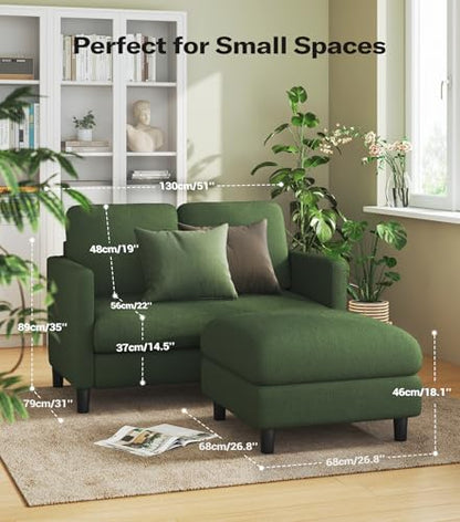 Welzona Loveseat Sofa with Ottoman, 51" Small L Shaped Teddy Couch Sofa | Comfy Teddy Fabric, Tool-free Setup, Washable Covers, All-wood Couch Sets for Living Room, Bedroom, Small Spaces, Green - color: Green, size: loveseat & ottoman