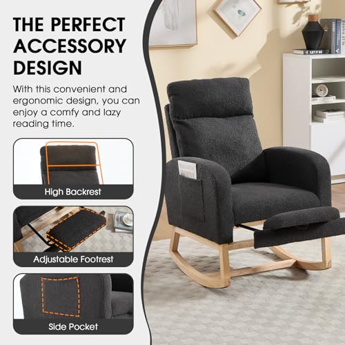 Rocking Chair Nursing, Rocker Chair with Footrest (Grey) | Teddy Boucle Upholstered Accent Reading Chair with High Back & Side Pocket for Living Room Bedroom Nursery Office - color: Grey