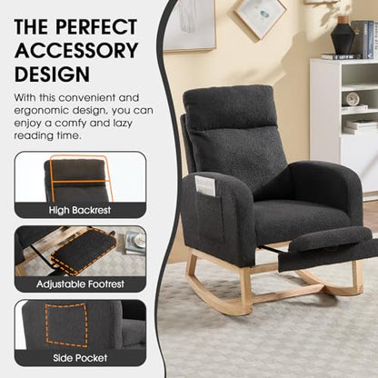 Rocking Chair Nursing, Rocker Chair with Footrest (Grey) | Teddy Boucle Upholstered Accent Reading Chair with High Back & Side Pocket for Living Room Bedroom Nursery Office - color: Grey