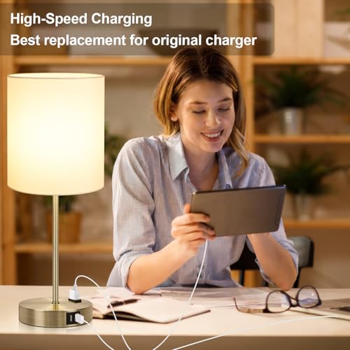 Lynnoland Set of 2 Touch Control Table Lamps with 2 USB & AC Outlet, 3-Way Dimmable Bedside Nightstand Lamps for Bedroom Living Room Nursery, 800 Lumens 3000K Warmlight Bulbs Included - color: (2 Pack)White & Brass(Base)-3000K Bulbs Included