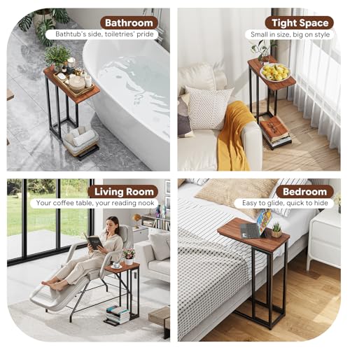 Ekisemio C-Shaped End Table Set of 2, Slide Under Sofa Side Table with Metal Frame, Rustic Brown for Living Room, Home Office, Small Spaces