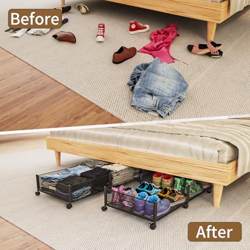47.2'' Long Under Bed Storage on Wheels, 57.6L Large Capacity Rolling Under the Bed Storage Containers, Tool-Free Assembly Foldable Underbed Shoes Clothes Toy Drawers - size: 1 Pack (47.2×15.7")