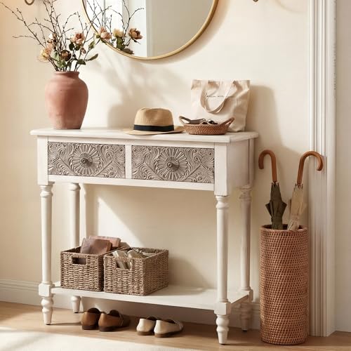 HOMPUS Console Table with 2 Drawers and 1 Shelf, Rectangular Narrow Entryway Table, Antique and Contemporary Accent Sofa Table for Living Room