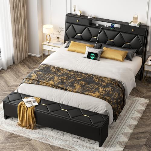 FreeHouse Full Size Bed Frame with Headboard & Storage, All Metal Structure | PU Leather Upholstered Bed Frame Full Size with Charging Station, Diamond Tufted, Gold Accents, No Box Spring Needed, Black - color: Black, size: Full