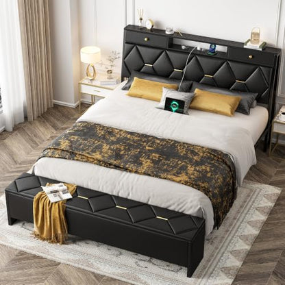 FreeHouse Full Size Bed Frame with Headboard & Storage, All Metal Structure | PU Leather Upholstered Bed Frame Full Size with Charging Station, Diamond Tufted, Gold Accents, No Box Spring Needed, Black - color: Black, size: Full