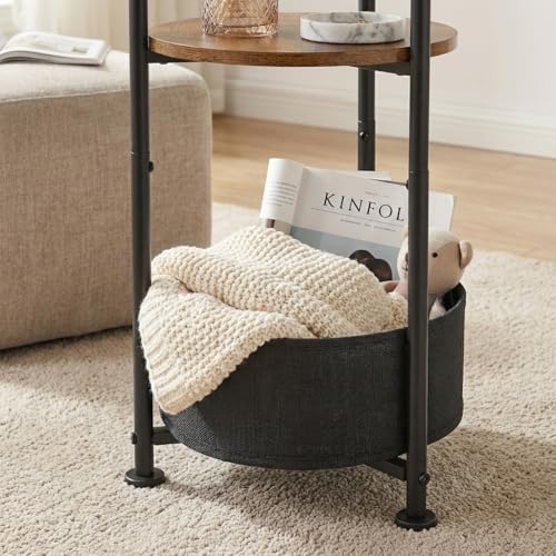 3-Tier Small Round Side Table with Storage Basket, Rustic Brown | 11.8" Diameter Nursery Side Table Narrow End Table for Small Spaces, Modern Corner Table Living Room Small Nightstand Bedroom - color: Rustic Brown