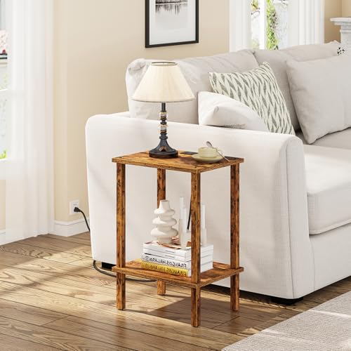 TUTOTAK End Table with Charging Station, Side Table Set of 2, Nightstand | 2-Tier Storage Shelf, Bedside Table with USB Ports, Sofa Table for Small Space, Livingroom, Bedroom Brown TB01BB041C - color: Pure Brown