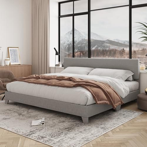 Allewie King Size Upholstered Bed Frame Adjustable Headboard, Light Grey | Platform Bed with Heavy Duty Mattress Foundation, Noise-Free, Easy Assembly, Wood Slat Support, No Box Spring Needed - color: Light Grey, size: King