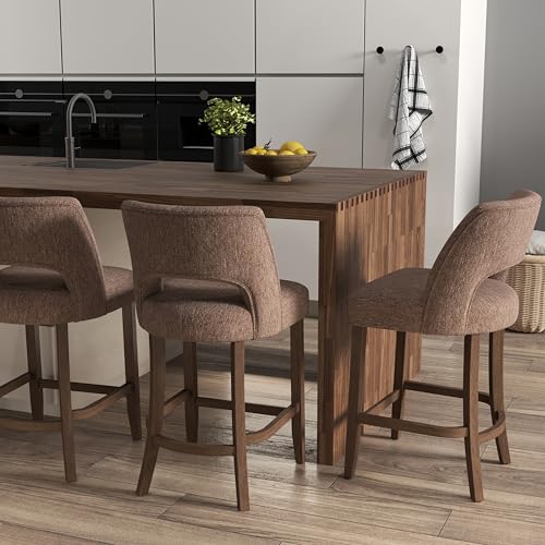 VKNOW Bar Stools Set of 2, 26" Fabric Counter Height Bar Stools, Brown | Modern Upholstered Counter Stools with Rubberwood Legs for Kitchen Island Dining Room Bar - color: Brown, size: Set of 2