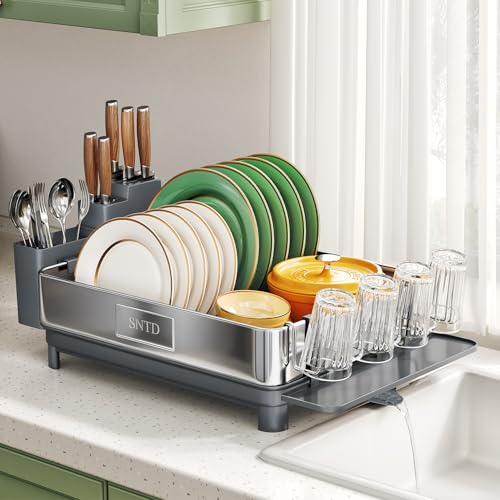 SNTD 304 Stainless Steel Dish Drying Rack for Small Kitchen Counter, Grey | Rustproof, Large Capacity, Heavy-Duty Frame, Rotating Spout, Angled Drainboard, Removable Cup & Utensil Holder - color: Gray