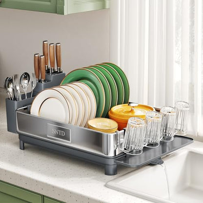 SNTD 304 Stainless Steel Dish Drying Rack for Small Kitchen Counter, Grey | Rustproof, Large Capacity, Heavy-Duty Frame, Rotating Spout, Angled Drainboard, Removable Cup & Utensil Holder - color: Gray