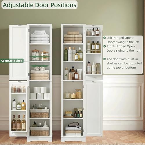71" Tall Narrow Storage Cabinet with Reversible Doors, Small Pantry, White | Slim Kitchen Pantry with Adjustable Shelves, Spice Rack, Modern Narrow Cabinet for Bathroom, Living Room, Entryway