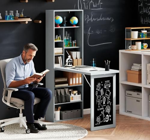 Foldable Wall Mounted Desk with Storage Shelves & Blackboard, Fold-Out Convertible Writing Table for Small Spaces | Space-Saving Floating Computer Desk for Home Office (Grey) - color: Grey