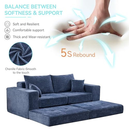 79" Boneless Cloud Loveseat Sofa, Modular Sectional Love Seat with Ottoman, Modern L-Shaped Tufted Convertible Sleeper Sofa Bchenilleed for Living Room & Small Spaces, No Assembly Required, Blue - color: Blue, size: 79.5" Tufted Boneless Loveseat