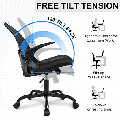 Office Chair Ergonomic Desk Chair with Flip up Armrests Swivel Breathable Desk Mesh Computer Chair with Adjustable Lumbar Support and Height for Conference Room (Black) - color: Black