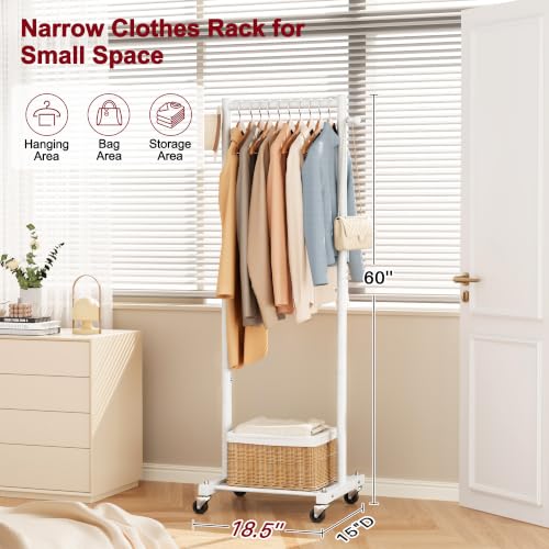 SLEEPING LAMB Small Clothes Racks for Hanging Clothes, Rolling Clothing Rack with Shelves, 60" Metal Garment Rack with Wheels Portable Wardrobe Rack for Small Space, White - color: White